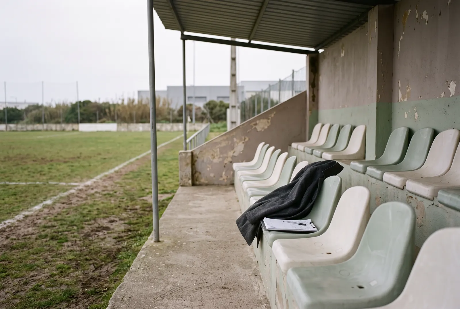 Bancada vazia de um campo municipal, com um casaco dobrado e uma prancheta deixados num dos lugares