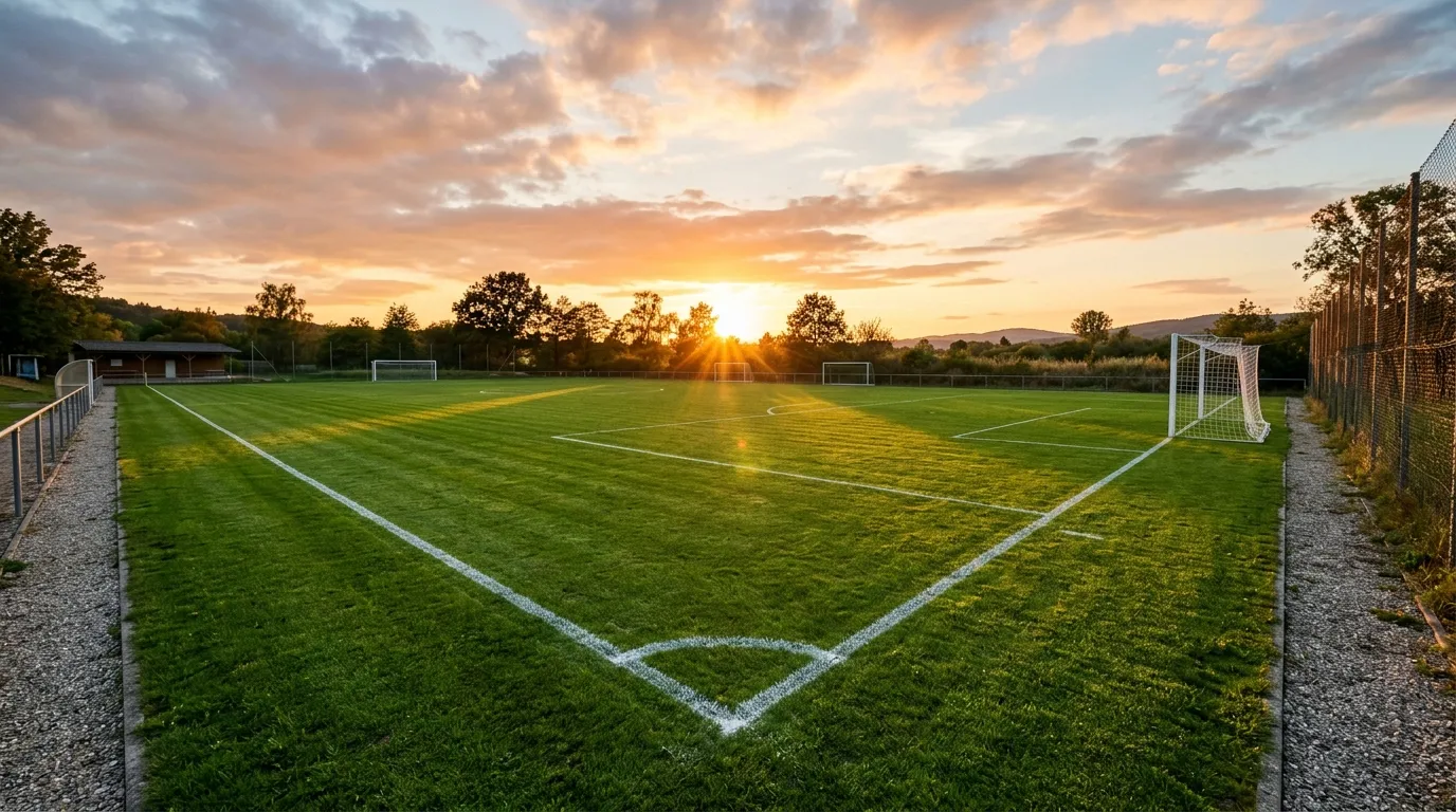 Campo de futebol de um clube de bairro ao fim do dia, visto de trás de uma baliza de rede solta, com casas de telhado de telha atrás da linha lateral