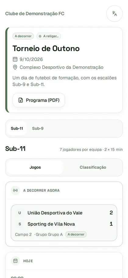 A página pública de um torneio no telemóvel
