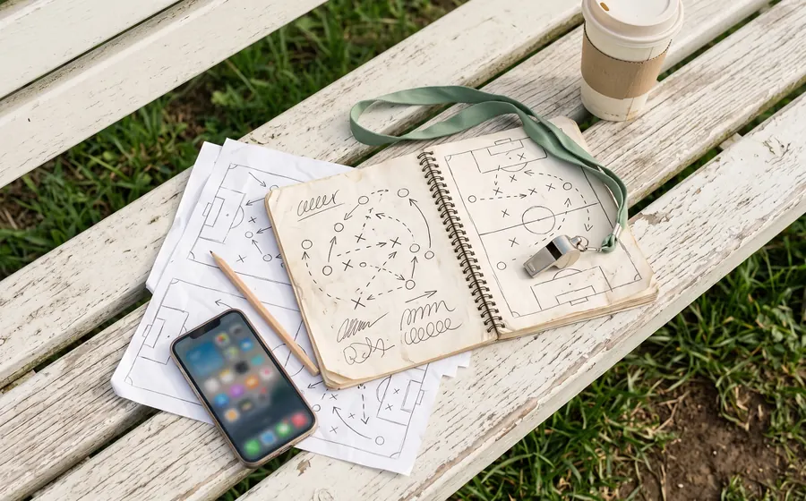 Um caderno de treinador aberto, folhas soltas e um telemóvel com mensagens, em cima de um banco à beira do campo