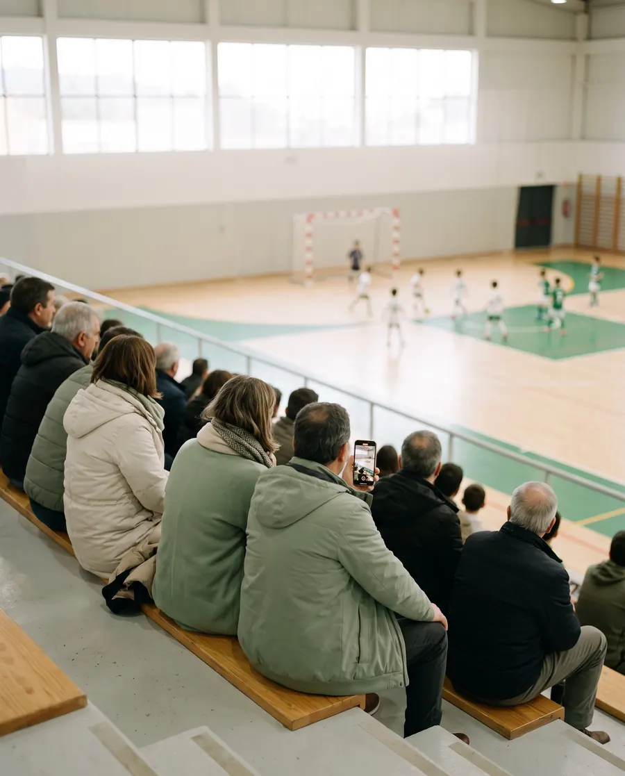 Famílias de costas na bancada de um pavilhão, a ver um jogo de futsal