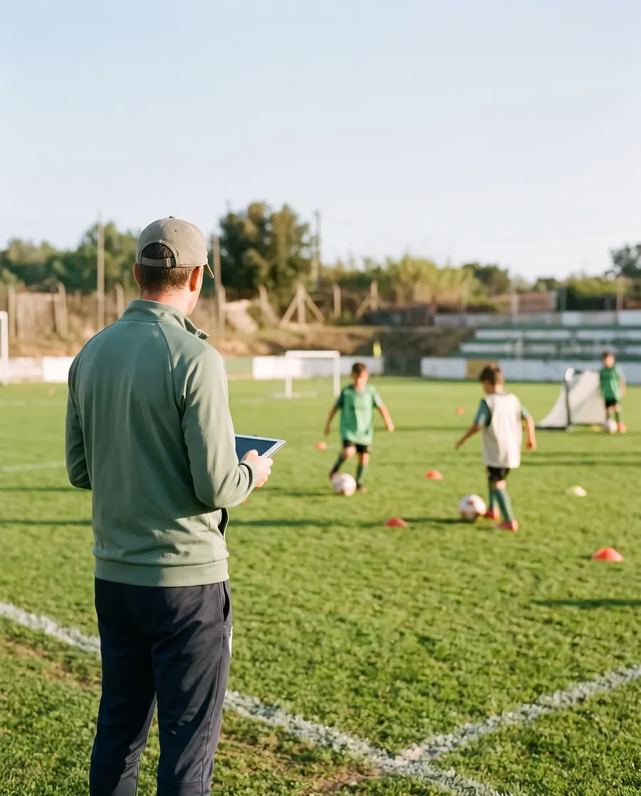 Um treinador de costas, à beira de um relvado, com um tablet na mão e a equipa a treinar ao fundo